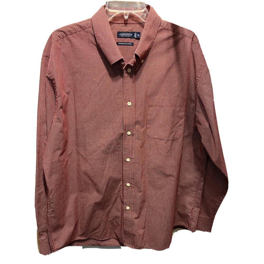 Consensus Men’s XL Red Check Long Sleeve Button Down Polyester Blend Shirt